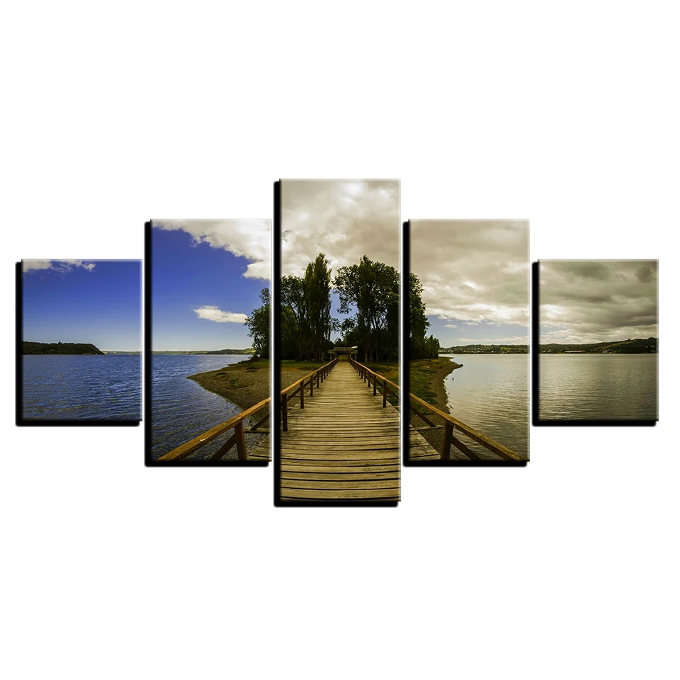 Wall Art HD Printed 5 Pieces Wooden Bridge Green Trees Blue Sky And Sea Scenery Modular Canvas Pictures Artworks Decor Paintings | Дом и сад