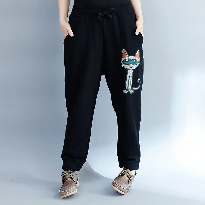 Johnature Print Cat Casual Pants For Women Black Elastic Waist Trouser