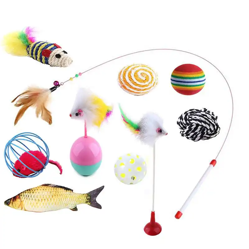 

10pcs/lot Pet Cat Toy Set Feather Teaser Wand Catnip Toys Ball Rings Interesting Cats Interactive Products