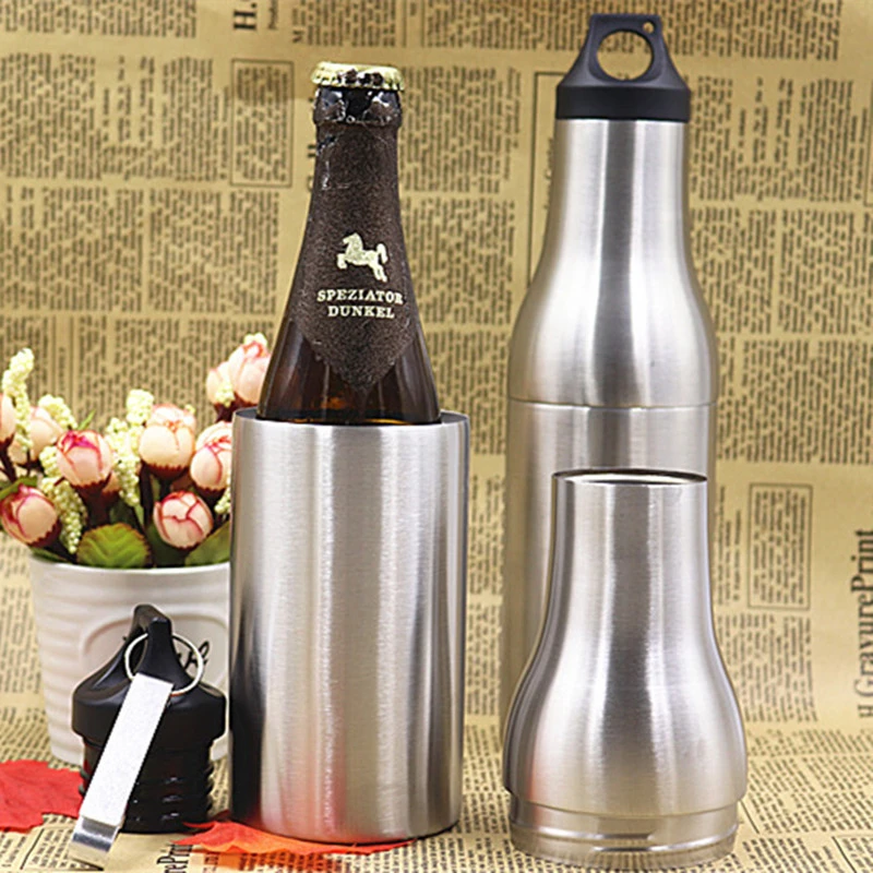 New 12oz Stainless Steel Beer Bottle Insulator Original Double Wall Vacuum Beer Cooler with Opener Beer Bottle Holder Keep Cold