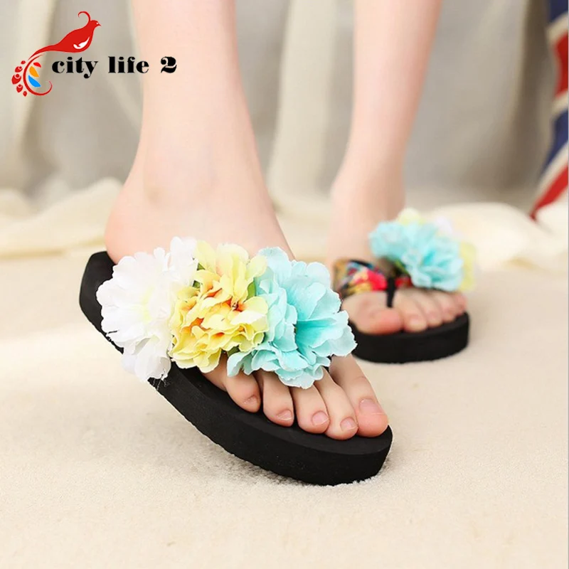 Flower Bohemia font b Women s b font Flip Flops Flat Beach Sandals Platform Shoes 2016