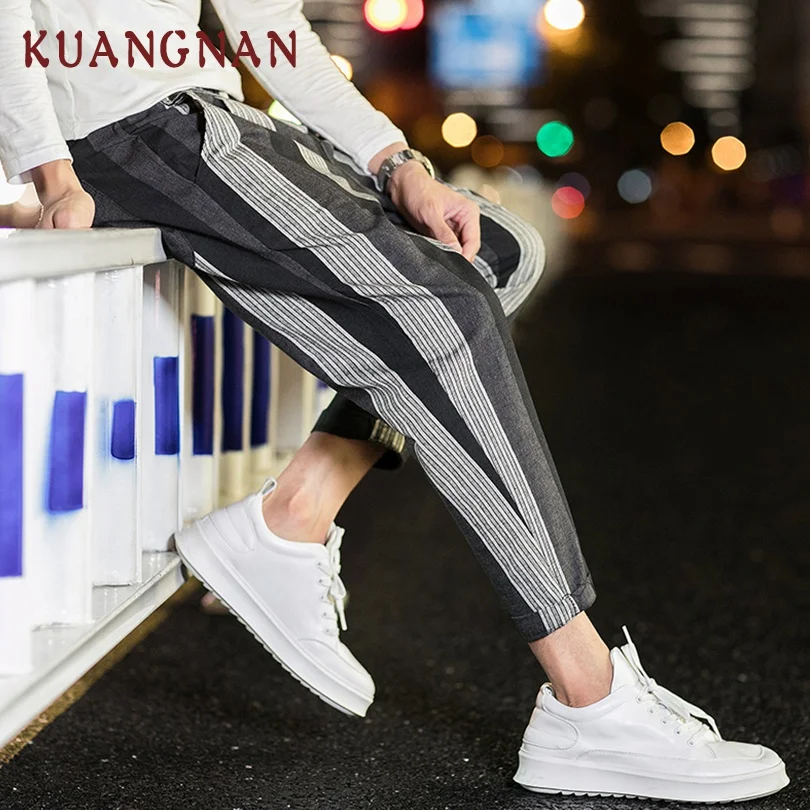 

KUANGNAN Striped Linen Pants Men Jogger Japanese Streetwear Joggers Men Pants Hip Hop Sweatpants Trousers Men Pants 2019 Spring