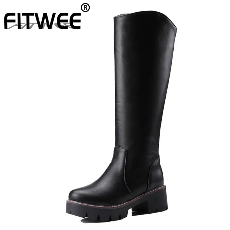 

FITWEE Zapatos Mujer Women Shoes Winter Leather Knee High Boots Flats Vintage Riding Boots Chaussures Femme Size 34-43