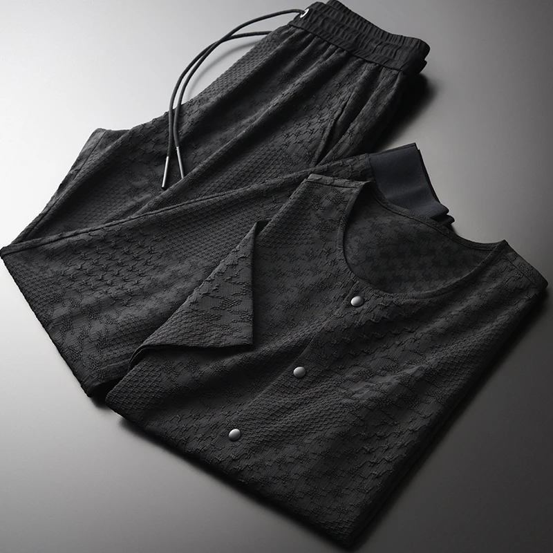 Minglu летние мужские наборы (футболка + брюки) Роскошные пряжа окрашенная однобортный с коротким рукавом для мужчин наборы плюс размер 4xl Slim Fit