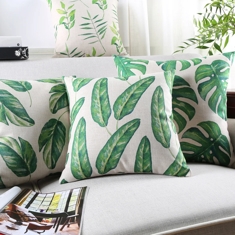 Tropical Pillow Cover Cushion Case Vintage Green Jungle Leaves Home