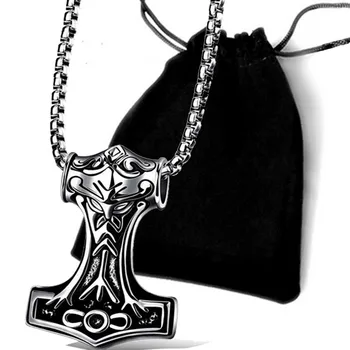 

Thor Hammer Men Pendant Necklace Stainless Steel Chain Biker Punk Rock Choker Necklace Vintage Men Jewelry Wholesale 10pcs