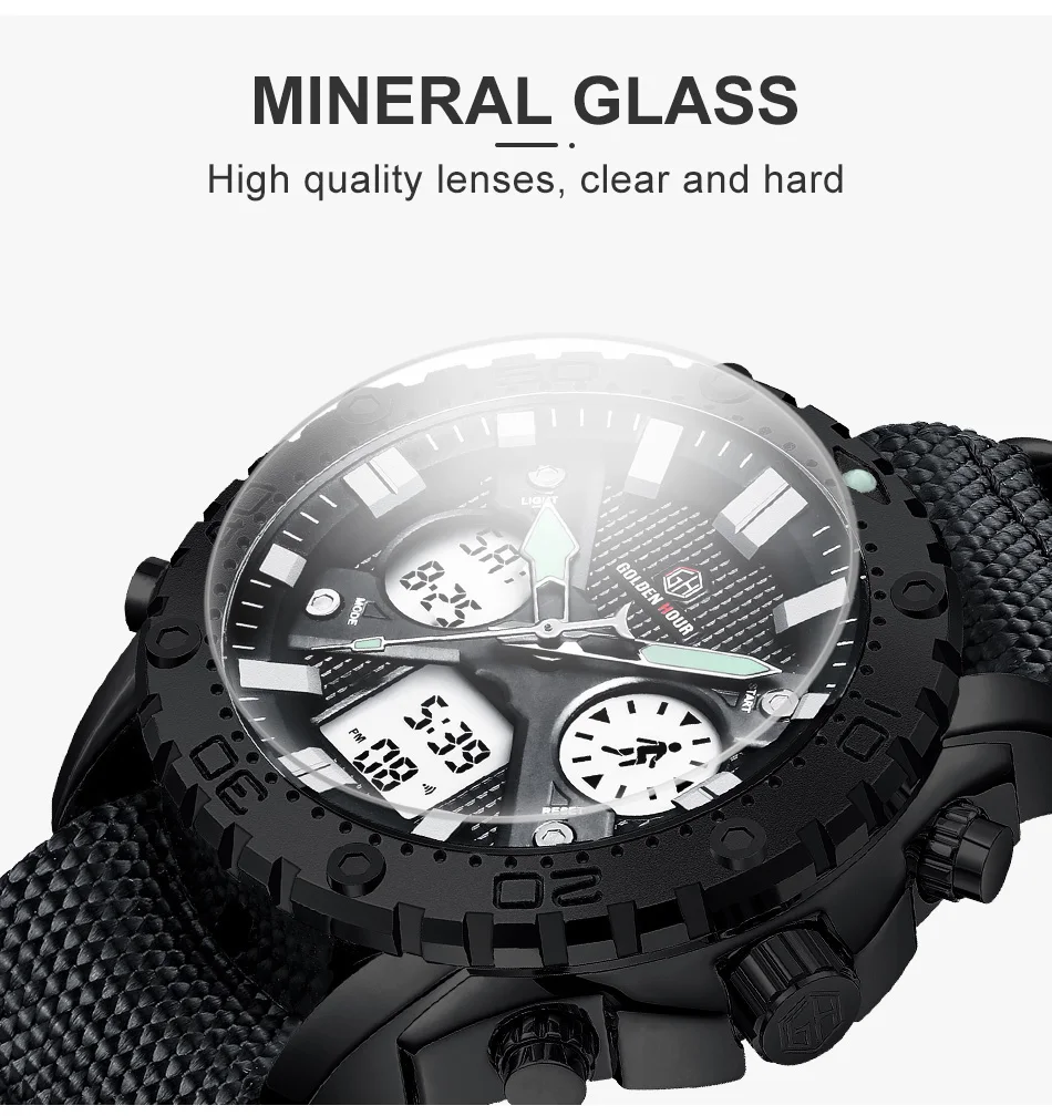 GOLDENHOUR Men Fashion Sports Black Canvas Watches Outdoor Military Army Analogue Quartz Digital Male Clock Relogio Masculino