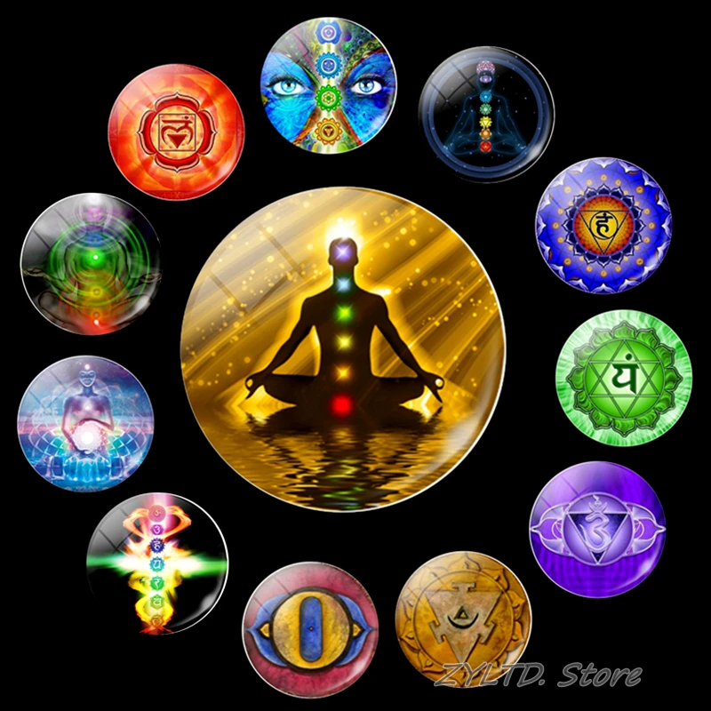 

Seven chakras fridge magnet Yoga Mandala refrigerator magnets 30MM Buddha religion faith Glass cabochon stickers home decoration