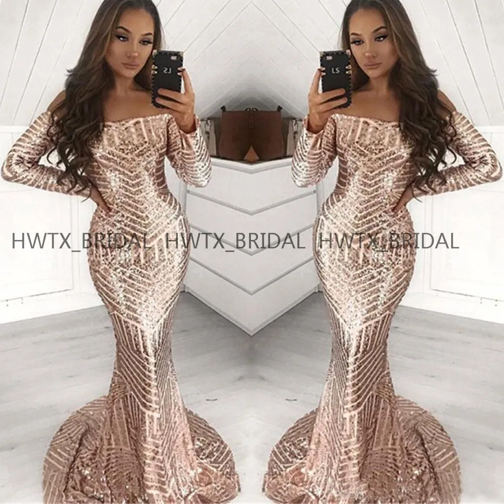 

High Quality Sequin Mermaid Evening Dress Boat Neck Long Sleeve Arabic Dubai Long Evening Gown Formal Occasion Dresses 2019