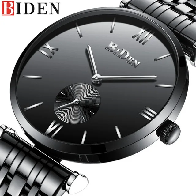 

Full Black BIDEN Men Fashion Casual Stainless Steel Watch Business Quartz Wristwatches Male Simple Watches