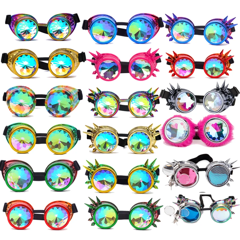 C.F.GOGGLE Hor Fashion Gothic Punk Retro Welding Goggles Rivet Round Frame Kaleidoscope Lens for Cosplay Party for Halloween