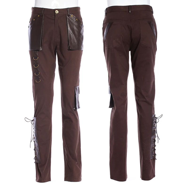 

Men Steampunk Straight Trousers Tie Side Long Pants with Pu Pocket Coffee Color Classic Retro Cotton Pants Male Autumn Spring
