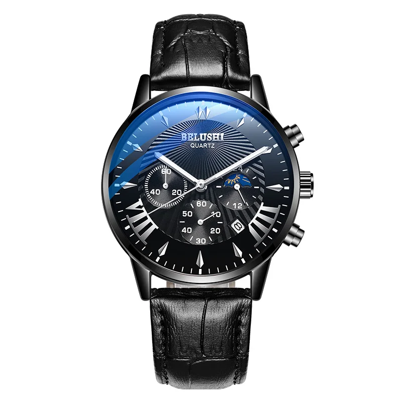 Мужские спортивные наручные часы мужские часы люксовый бренд Мужские часы Бизнес Кварцевые наручные часы для мужчин Relogio Masculino - Цвет: black silver leather
