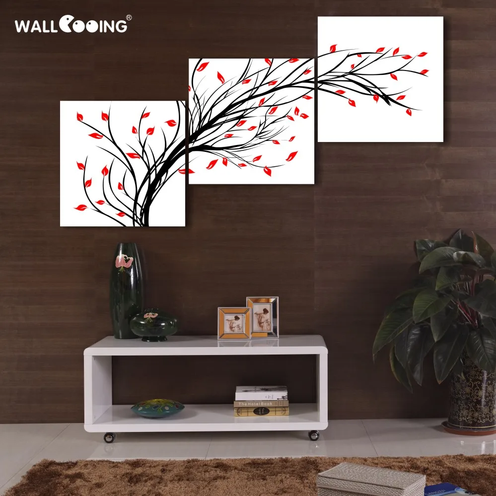2016 3 panel Red and black and white Pachira tree canvas painting living room wall poster frames in modular print decoracion pic