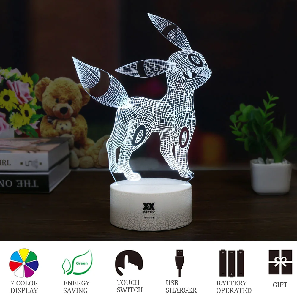 Творческий Покемон Umbreon 3D лампа визуальную иллюзию USB мультфильм ночь светодиодная 7 цветов сна настольная лампа Дети Рождественские подарки