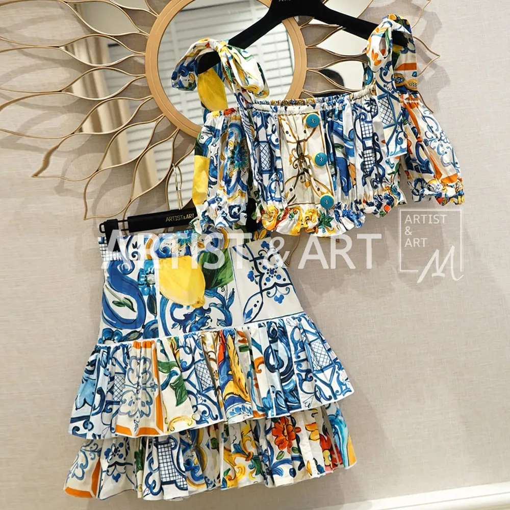 

Red RoosaRosee Designer Runway Women 2 Piece Set Sweet Holiday High Waist Print Strap Cotton Blouse Tops Cake Skirt Mini Suit