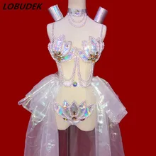 Женский костюм с жемчугом и кристаллами, модель для подиума, сценический наряд, блестящие стразы, бикини, вечерние, для танцев, DJ, певица, Одежда для танцев