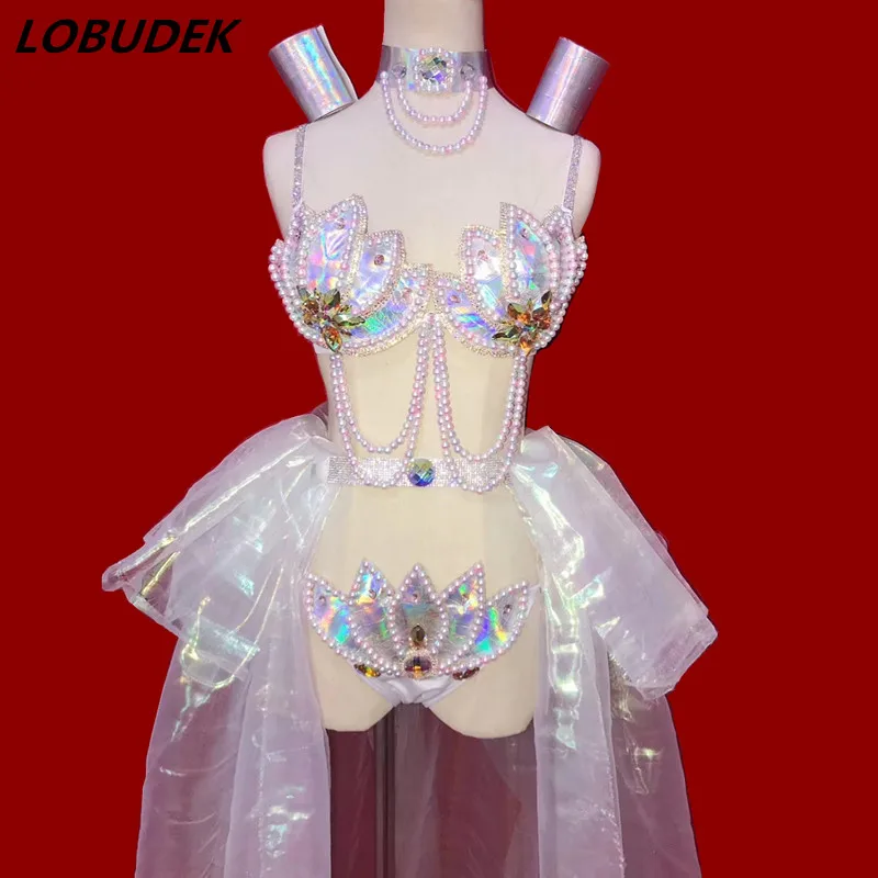 

Female Pearls Crystals Costume Model Catwalk Stage Outfit Sparkly Rhinestones Bikini Pole Party dancing DJ singer Dance Clothes