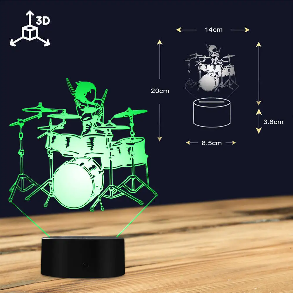 Барабан и барабанщик 3D визуальные огни барабанщик бьющий барабаны светодиодный Ночной свет изменение цвета светодиодный Actylic дисплей барабанный набор знак Декор