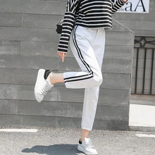 Белые брюки с черными полосками по бокам, Джинсы женские с высокой талией, шаровары, летние тонкие женские обтягивающие джинсы, повседневные джинсы в полоску, Новинка
