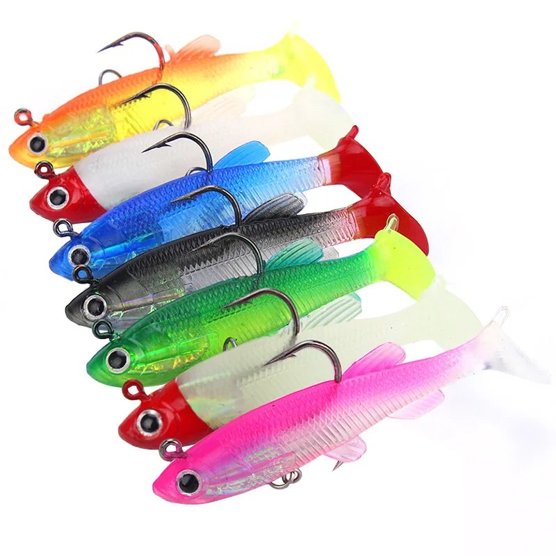 

2Pcs/lot Soft T Tail Pencil Wobblers Jigging 3D Eyes Fishing Lure With Hooks 8cm 12.5g Crankbait Ocean Rock Fishing tackle