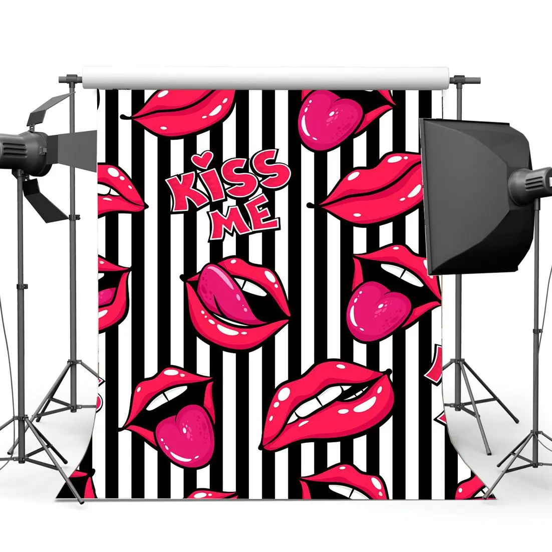 

Valentine's Day Backdrop Sweet Hearts Red Lips Kiss Me Black and White Stripes Romantic Wallpaper Background