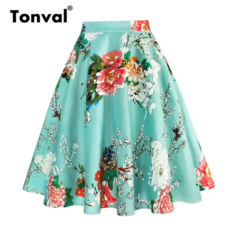 Tonval, трапециевидная юбка миди с цветочным рисунком, Ретро стиль, высокая талия, хлопок, винтажный стиль, юбки для женщин, цветочный принт, элегантная юбка