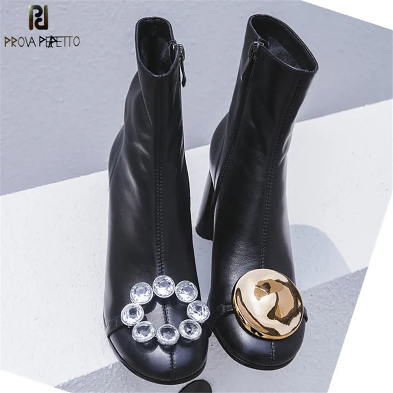 

Prova Perfetto Women Ankle Boots Rhinestone Gold Metal Button Boots For Woman Side Zip Real Leather Thick High Heel Short Boots