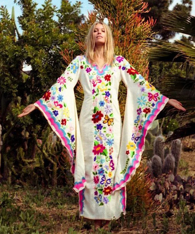 

Boho chic flare sleeve floral butterfly print side slit asymmetrical maxi dress Vintage kaftan beach tunic holiday gypsy dress