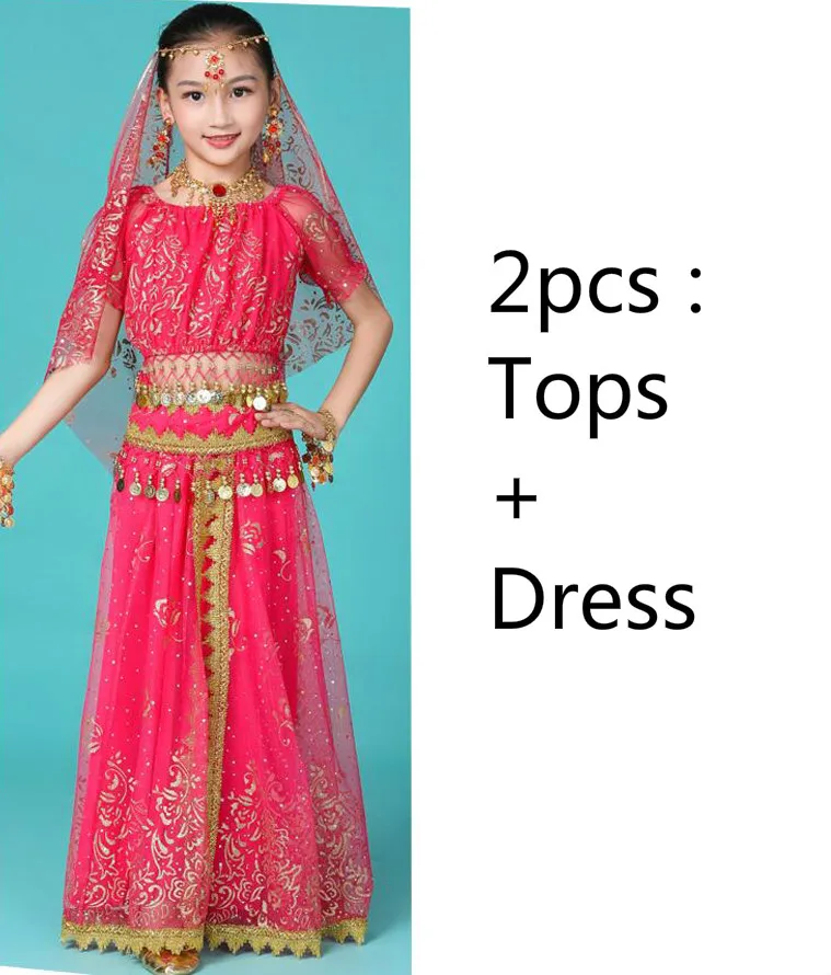 Детские индийские костюмы для танца живота, египетские вечерние костюмы для выступлений, танцевальная одежда Для Болливуда, Восточный Костюм для Хеллоуина - Цвет: 2pcs rose red