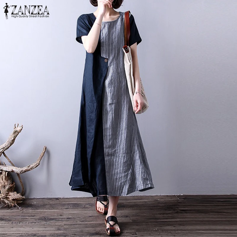 

2019 Summer ZANZEA Women O Neck Short Sleeve Striped Dress Casual Patchwork Loose Long Vestido Cotton Linen Maxi Dress Plus Size