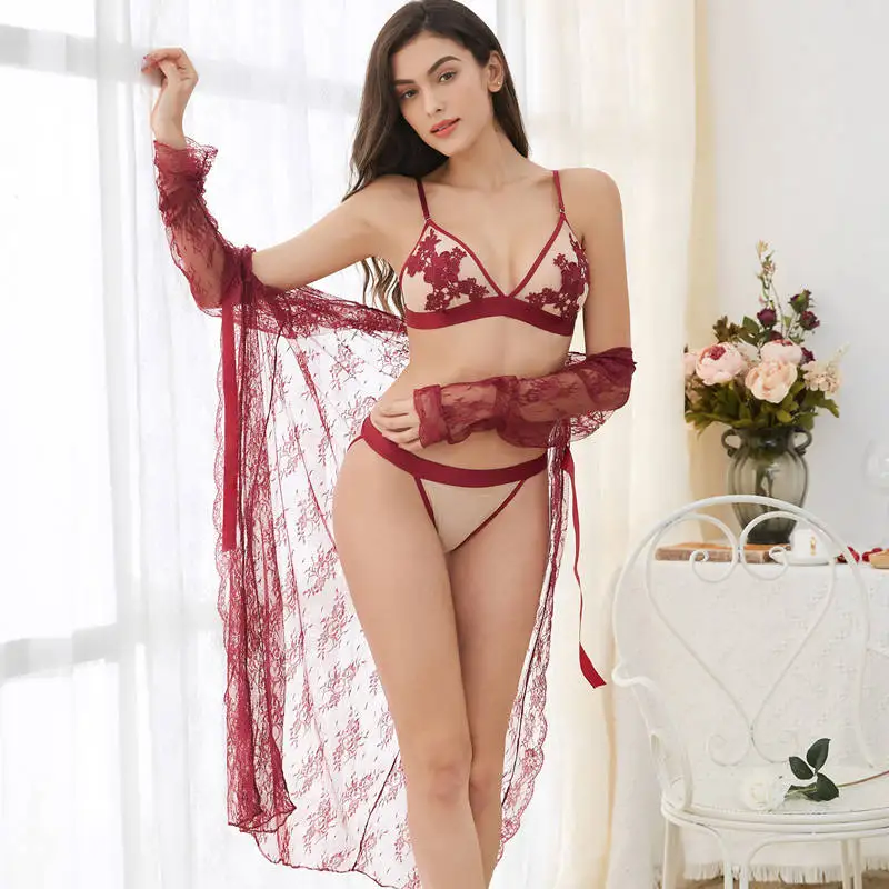 Kopen Varsbaby sexy borduurwerk draad gratis dunne cup beha set robe + bh + slipje + thongs 4pcs S XL voor vrouwen