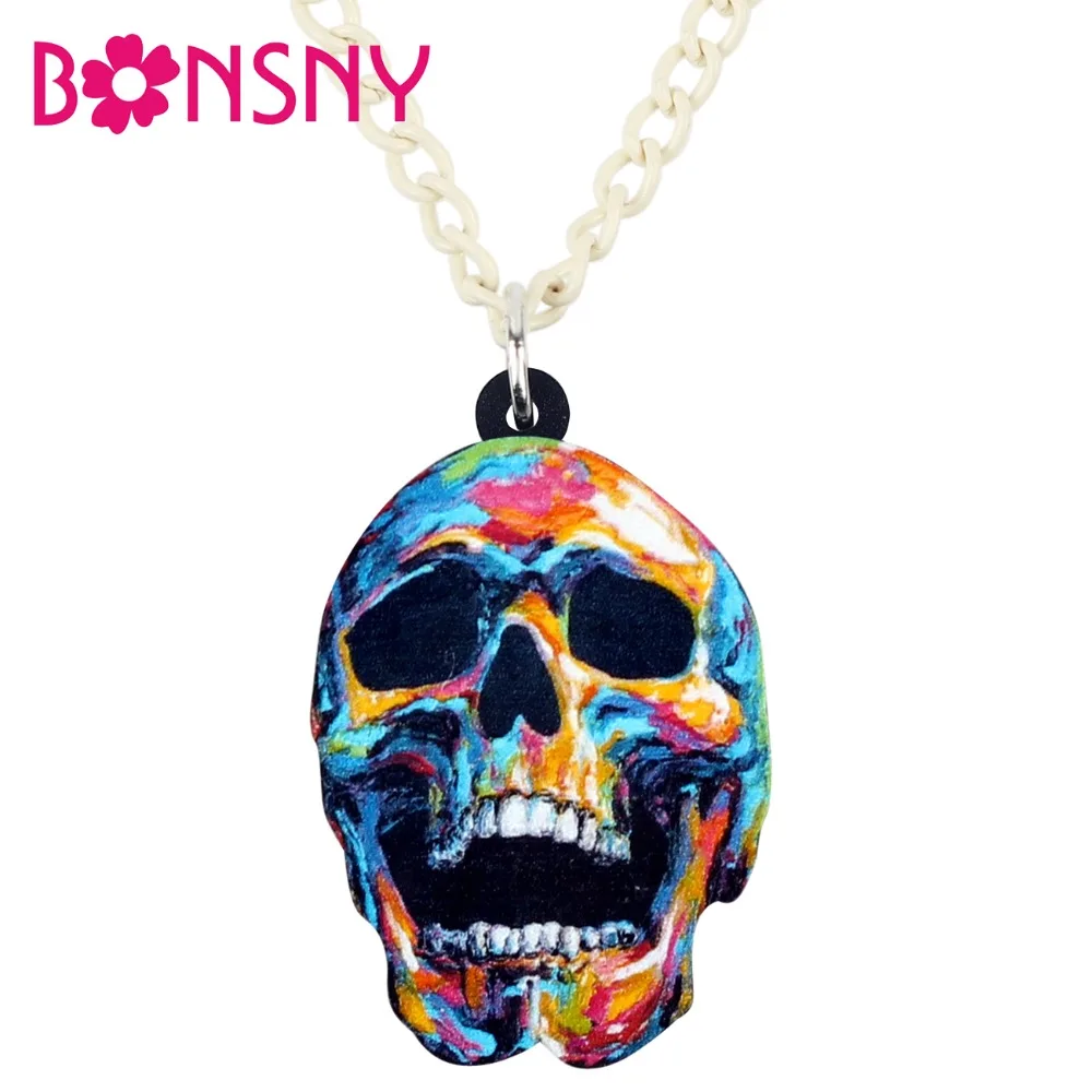 

Bonsny Acrylic Halloween Colorful Skull Necklace Pendant Chain Fashion Punk Jewelry For Women Girls Ladies Teens Gift Accessory