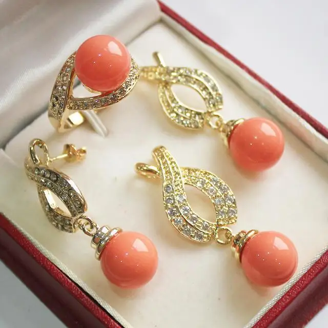 

HOT SELL - Hot! perfect match new jewelry 18KGP + 12mm salmon pink shell pearl pendant, earring, , ring set -Top quality free sh