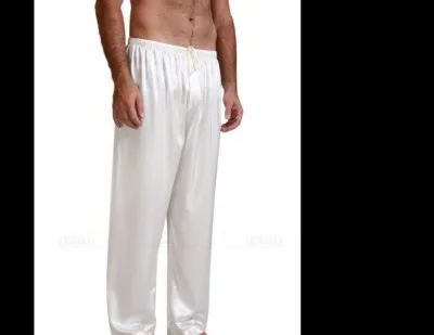 Для мужчин s ночное белье пижамы атласные шелковые длинные штаны для отдыха мужские свободные повседневные шаровары Пилатес гостиная сон пижамы брюки - Цвет: Белый