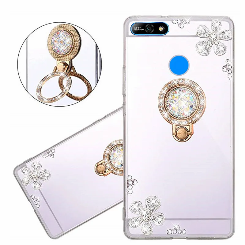 Y7 2018 кольцо держатель зеркальный блестящий чехол для Huawei Prime P Smart plus Mate 7 8 9 pro