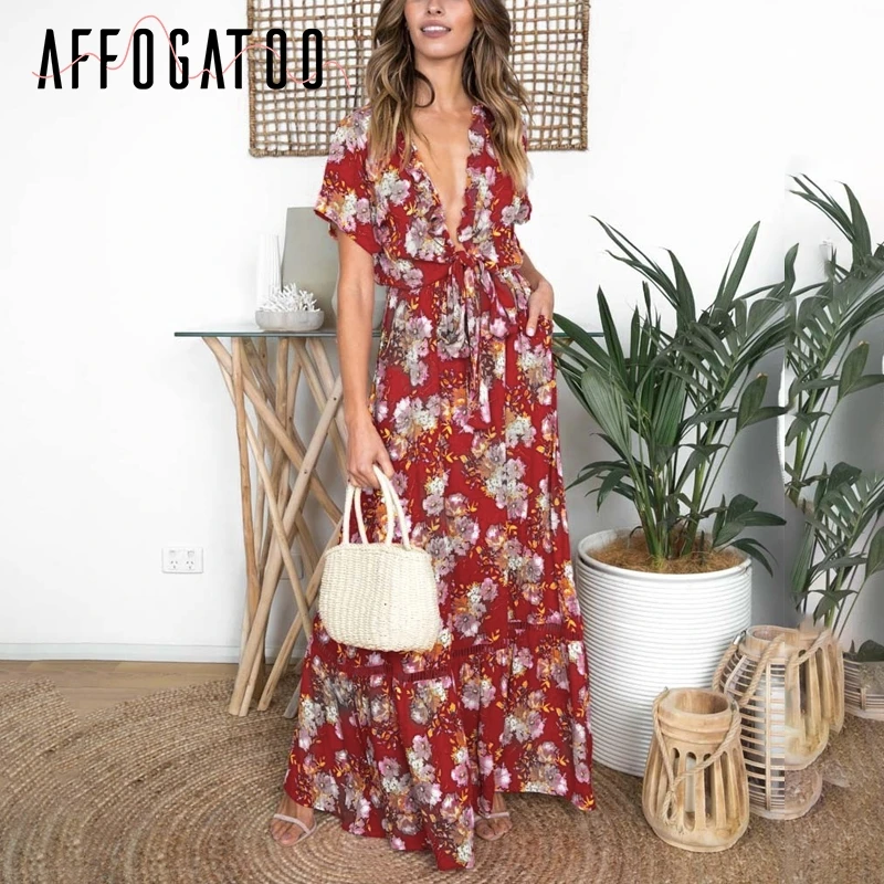 

Affogatoo Sexy deep v neck floral print dress women Boho bow tie red maxi dresses Summer casual beach holiday long vestidos 2019