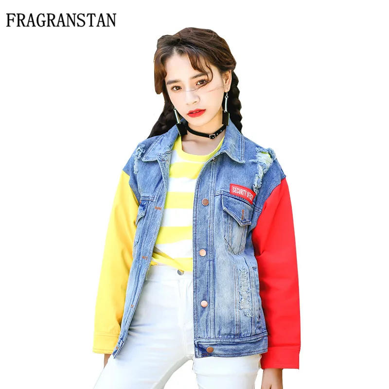

Fashion Women Spring Autumn New Denim Jackets Letter Printed Personality Stitching Top Patch Designs Frayed Hit Color Coat TGH31