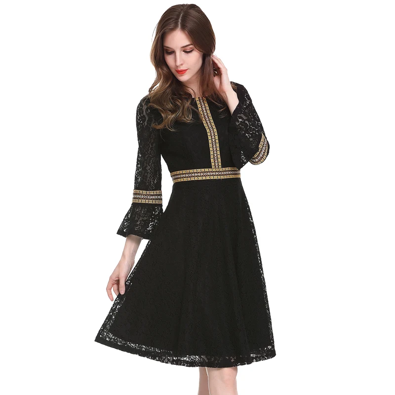 FLULU Autumn Women Dress 2018 Fashion Elegant Hollow Out Print Lace Dress Female Vintage Streetwear Party Dresses Plus Size 3XL