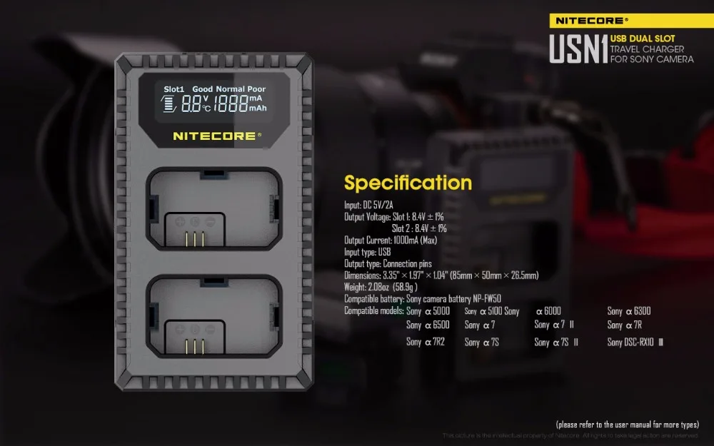 Nitecore USN1 цифровой двойной слот для путешествий зарядное устройство для камеры для sony NP-FW50 батареи, совместимые с a7r2, a7m2, a7, a6300, a6500