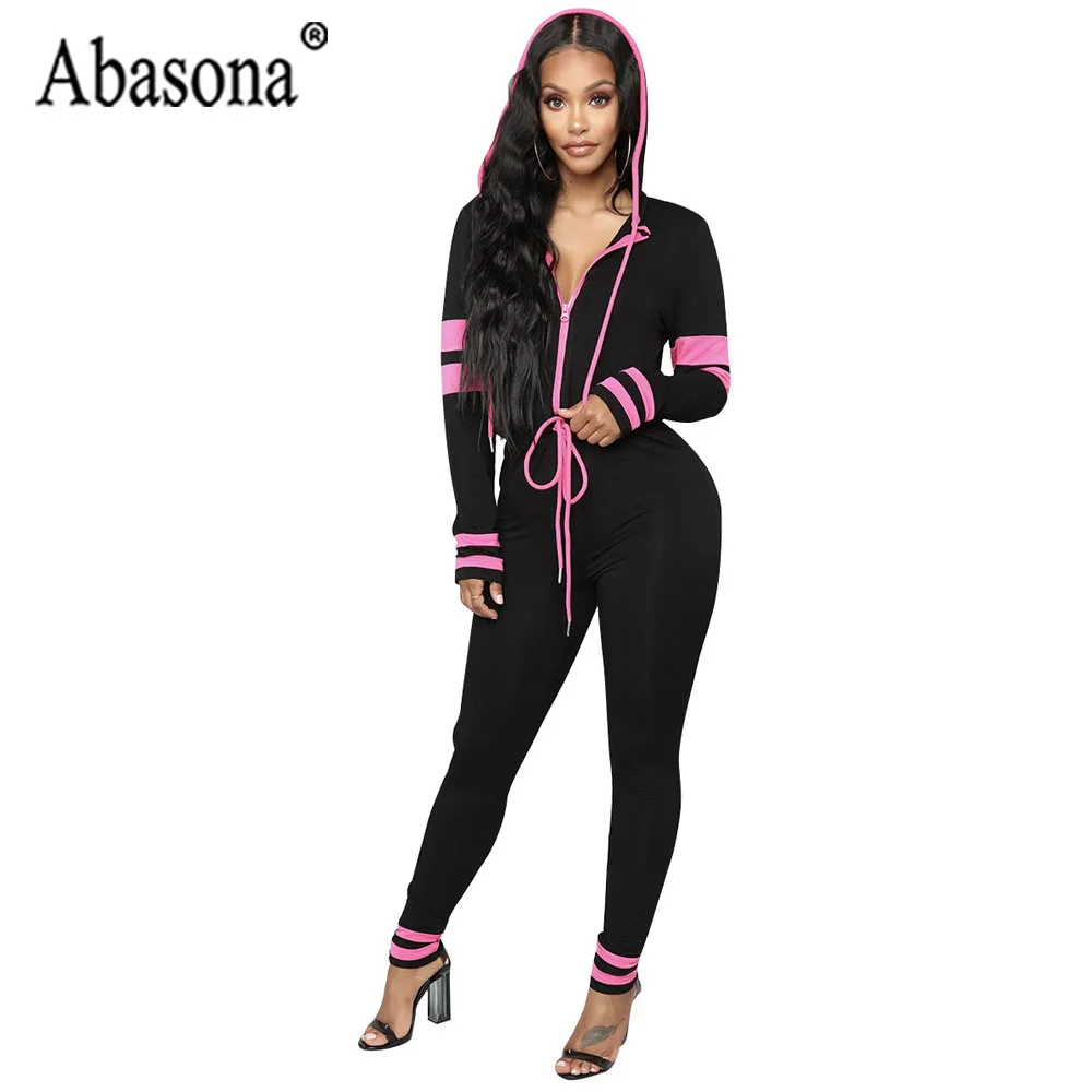 Abasona Women Patchwork Hooded Jumpsuit Overalls Long Sleeve Zipper