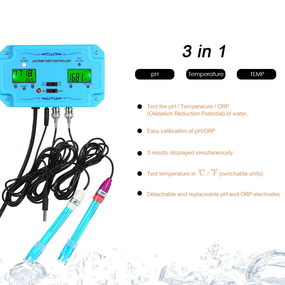 

Professional 3 in 1 pH/ORP/TEMP Controller Water Quality Detector BNC Type Probe Water Quality Tester for Aquarium Monitor