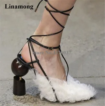 

2018 Newest Fashion Women Fur Suede Leather Ball Screws Chunk Heel Pumps Lace-up Strange Heel Strap Cross High Heels Dress Shoes
