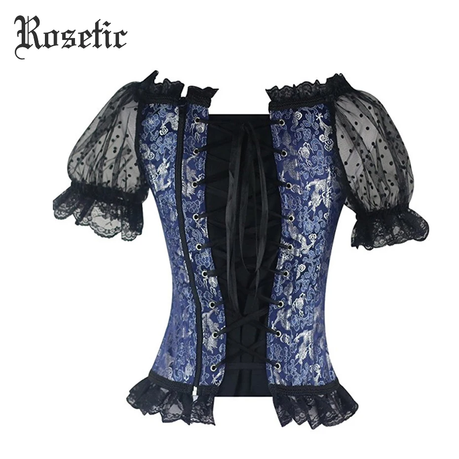 Rosetic Gothic Style Intimates Retro Embroidery Lace Bustier Short Sleeve Bandage Bow Vintage Slim Sexy Black Bustiers & Corsets