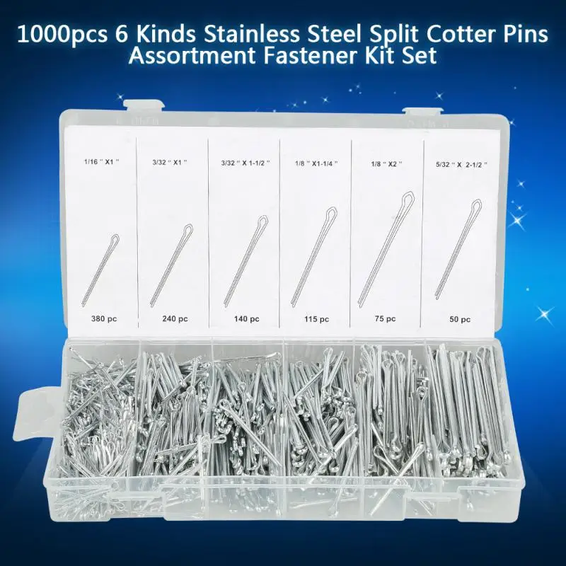 

1000Pcs/Lot Stainless Steel Split Cotter Pins Set With Plastic Box Cotter Pin Assortment Kit Fasteners 6 Types Split-Cotter Pins
