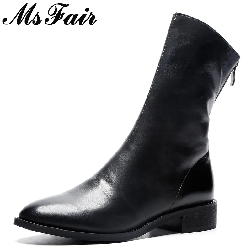 

MsFair Round Toe Low Heel Women Boots Hot Selling Genuine Leather Zipper Ankle Boots Women Shoes Square heel Boot Shoes For Girl