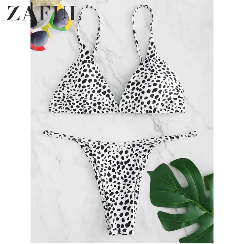 

ZAFUL Summer Sexy Dot Swimwear Women Wave Point Printed Tie Plunge Bikini Set Swimsuit Bikinis 2019 Mujer Hot Biquini Set