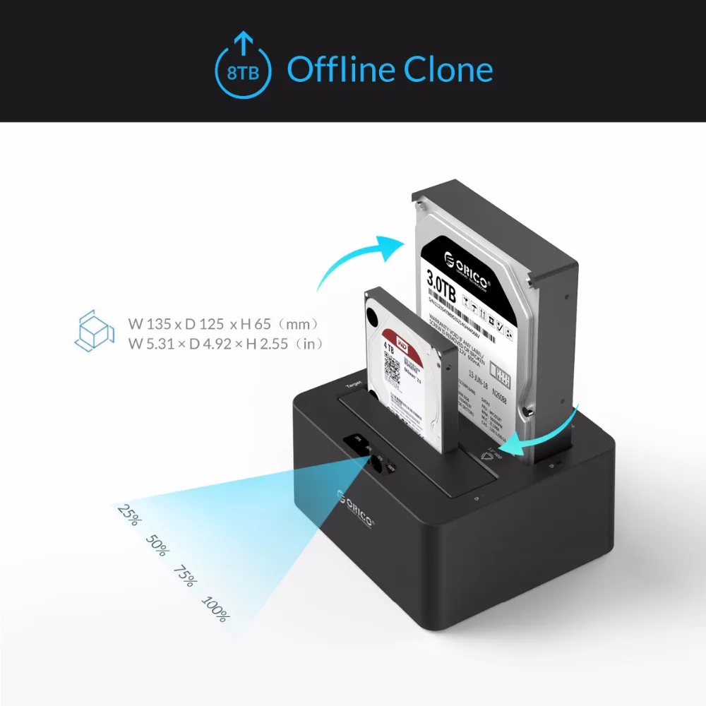 HDD Docking Station 2 Bay SATA to USB3.0 External with Clone Function 12V Power Adapter For 2.5"/3.5" HDD