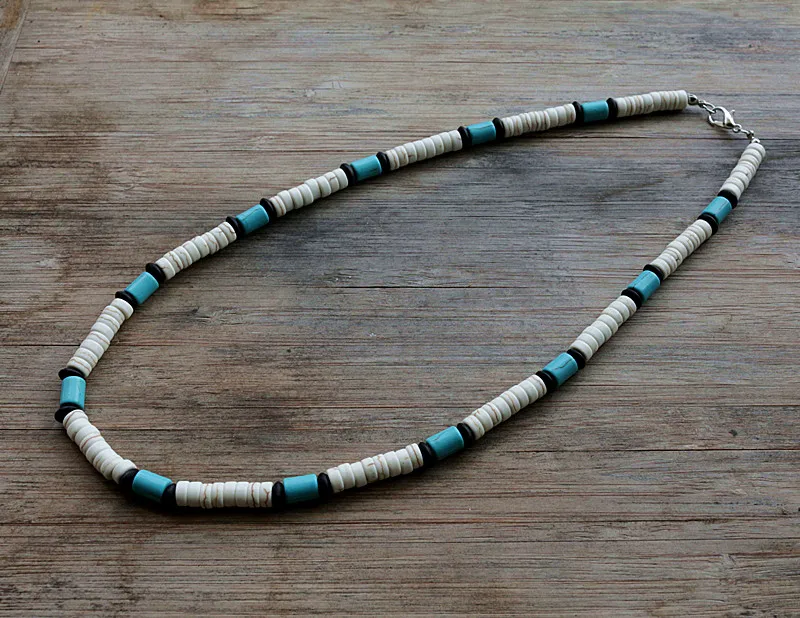 Stone Bead Surfer Necklace Made from white, Black and Blue Beads - Image 2