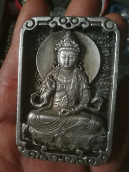 

China old Tibetan silver Carving scriptures Amulet Pendant Buddism Guanyin